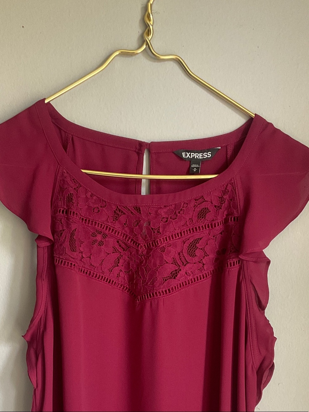 Express Burgundy Lace Yoke Flutter Sleeve Camisole - Picture 3 of 7